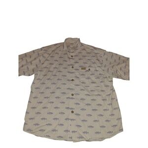 True Grit Alaska Mens Medium White Blue Bass Fish Print Cotton Button Down Shirt